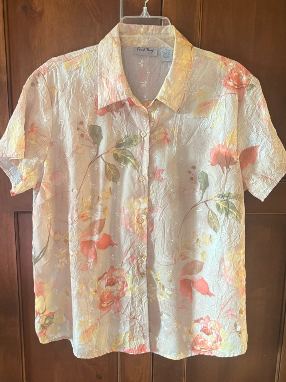 Coral Bay Floral Short-Sleeve Button-Up Shirt — Tan, Cream, Coral, Yellow, XL